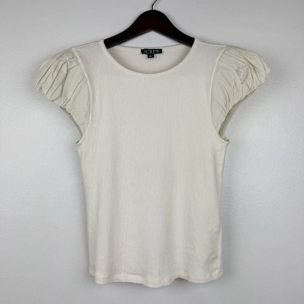 J. Crew Vintage Rib T-shirt Cotton Poplin Puff Cap Sleeves Cream Size S NWT
